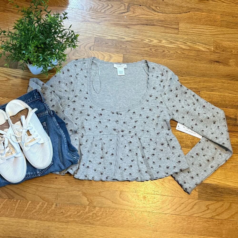 Kirious LA Womens Large Gray Floral Crop Ruffle Thermal Long Sleeve Shirt Top